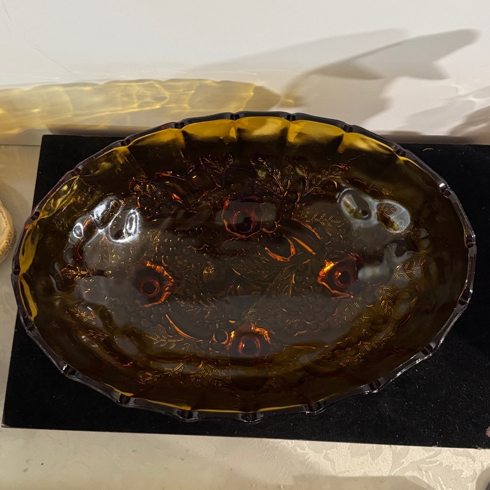 Vintage Indiana Glass Amber Carnival Glass Footed Fruit Bowl, Harvest Grape - Picture 2 of 8